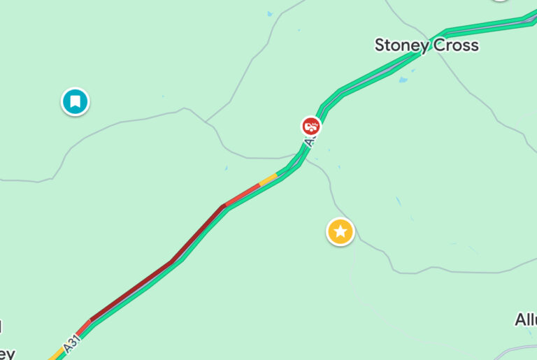 A31 partially blocked eastbound due to an incident in The New Forest