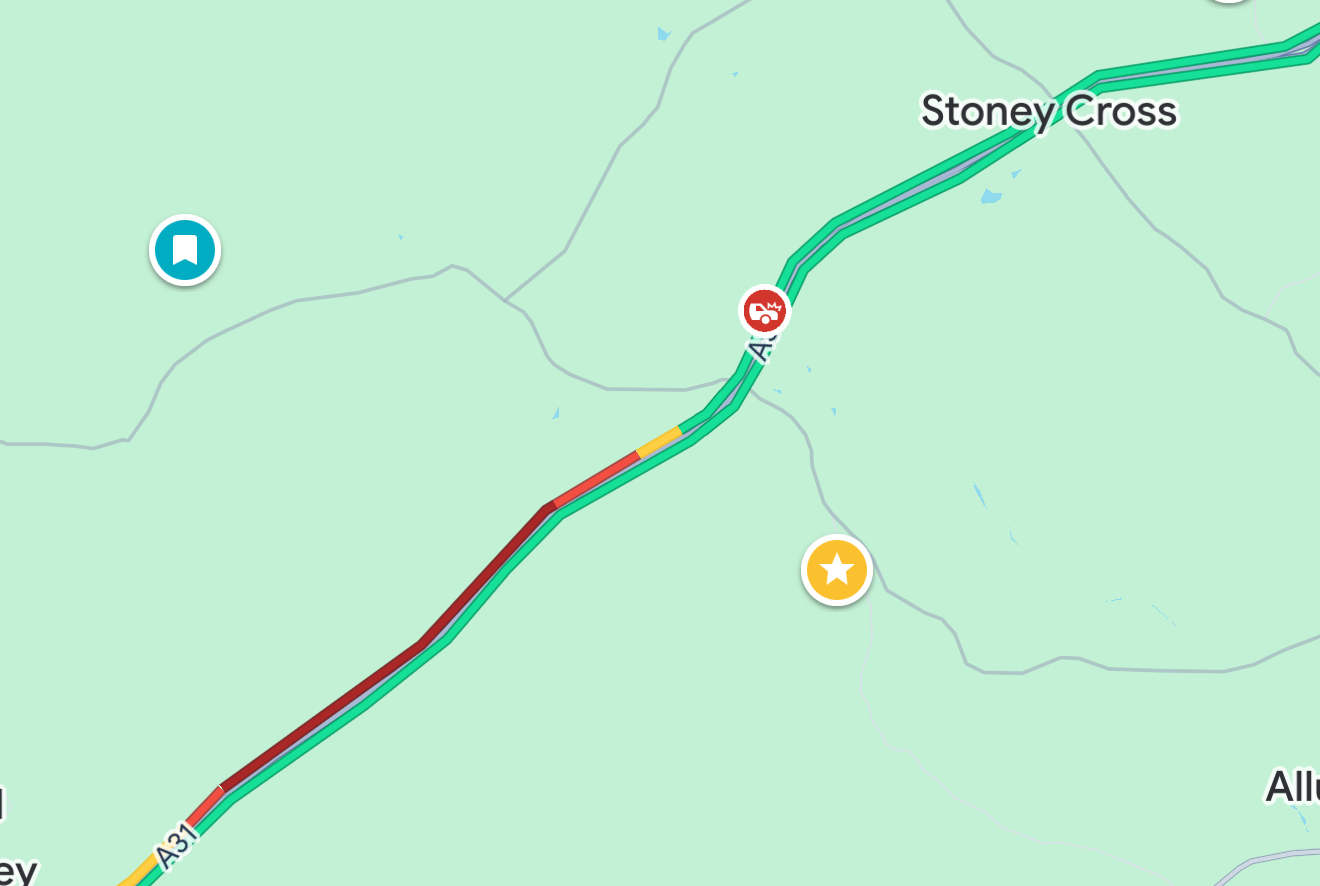 A31 partially blocked eastbound due to an incident in The New Forest