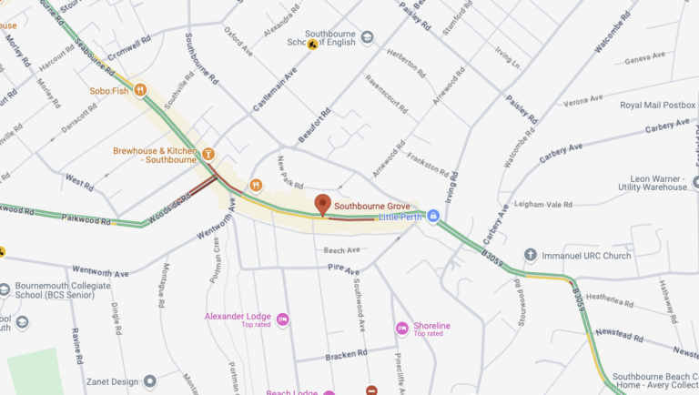 Southbourne Grove congested both ways due to reports of a crash in Bournemouth