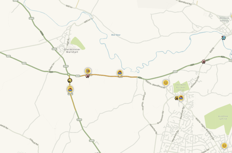 A31 partially blocked both ways due to hazardous weather conditions in Sturminster Marshall