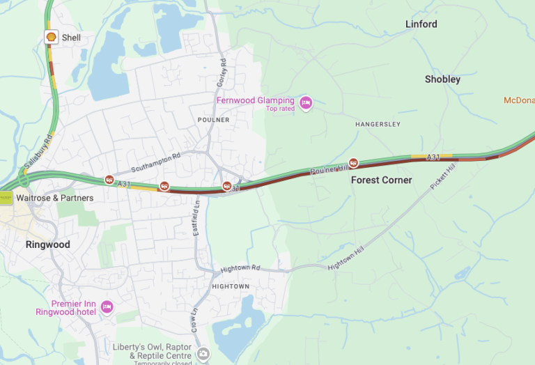 A31 congested westbound due to a two vehicle crash in Ringwood