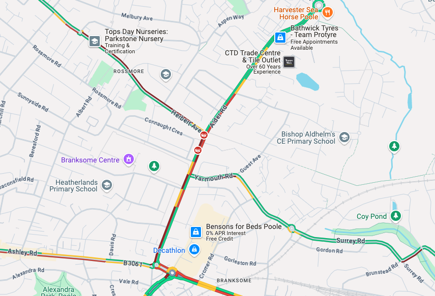Alder Road congested both ways due to reports of a crash in Poole