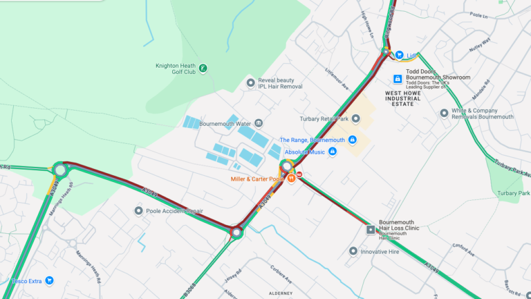 Wallisdown Road and Ringwood Roadcongested due to a vehicle fire in Bournemouth
