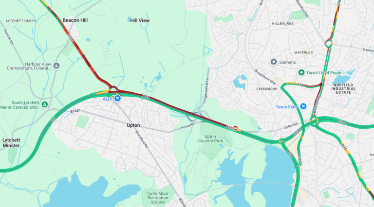 Upton Road (A350) partially blocked eastbound due to a collision in Poole