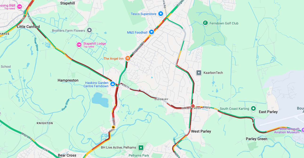 Major congestion around Parley Cross and Longham