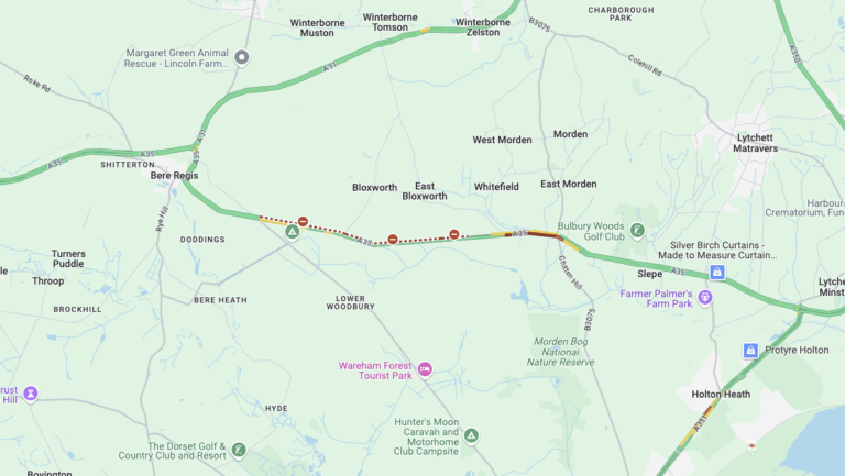 A35 closed both ways due to a collision