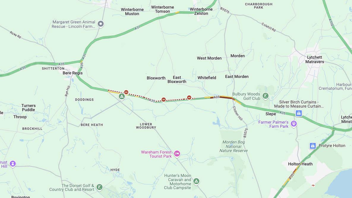 A35 closed both ways due to a collision