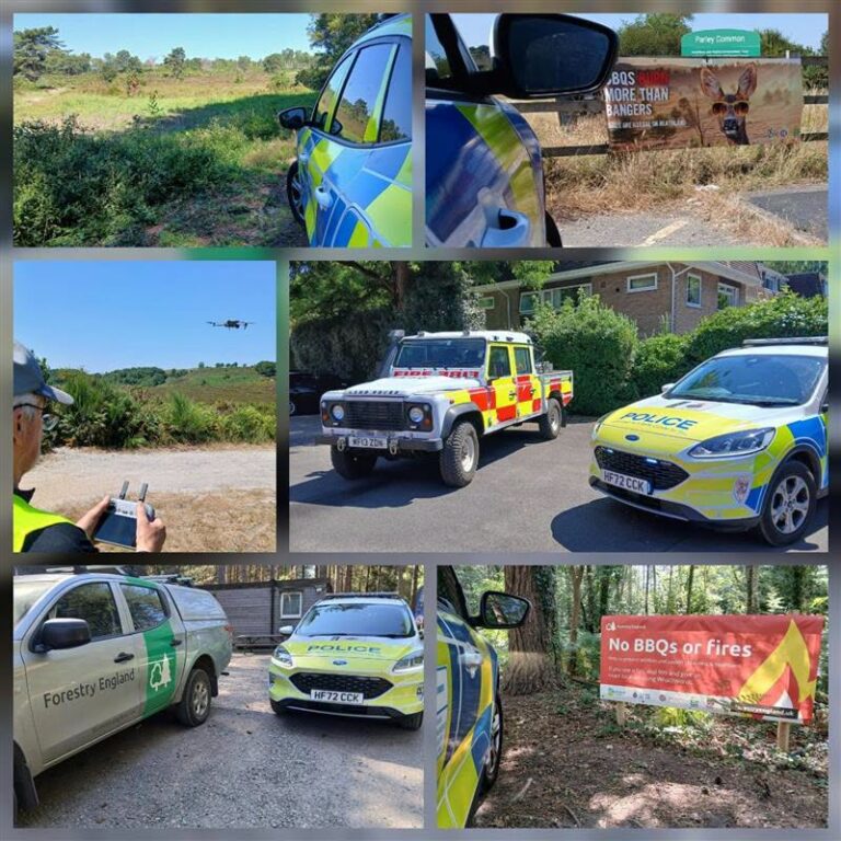 Police patrol heathland during wildfire alert